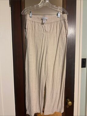 Relaxed Elastic-Waist Wide-Linen Leg Pants in Beige